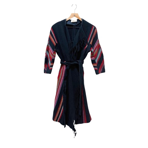 Tory Burch Sample‎ Belted Fringe-trimmed Striped Wool Coat Blue Size Small - Picture 2 of 9